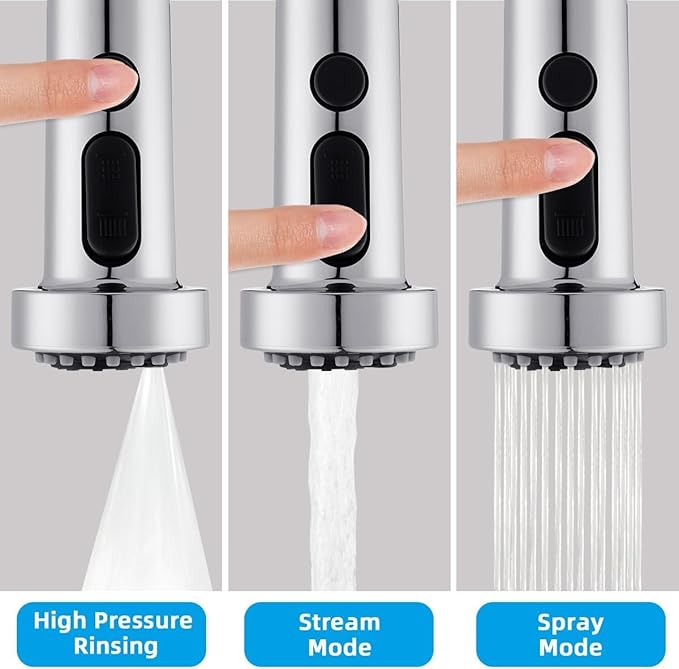 Hibbent Pull Down Kitchen Faucet Head Replacement, 3 Function Sink Faucet Sprayer Head Nozzle with 15 Adapters, Compatible with Moen, American Standard, Delta, Kohler Faucets, Chrome