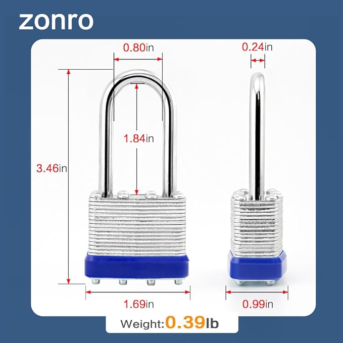 ZonRo Locks Laminated Steel Keyed Padlock, Keyed Alike Locks,1-9/16"(40mm) Wide Body,Long Shackle Padlock, Blue Plastic Hoop, Pack of 24