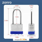 ZonRo Locks Laminated Steel Keyed Padlock, Keyed Alike Locks,1-9/16"(40mm) Wide Body,Long Shackle Padlock, Blue Plastic Hoop, Pack of 48