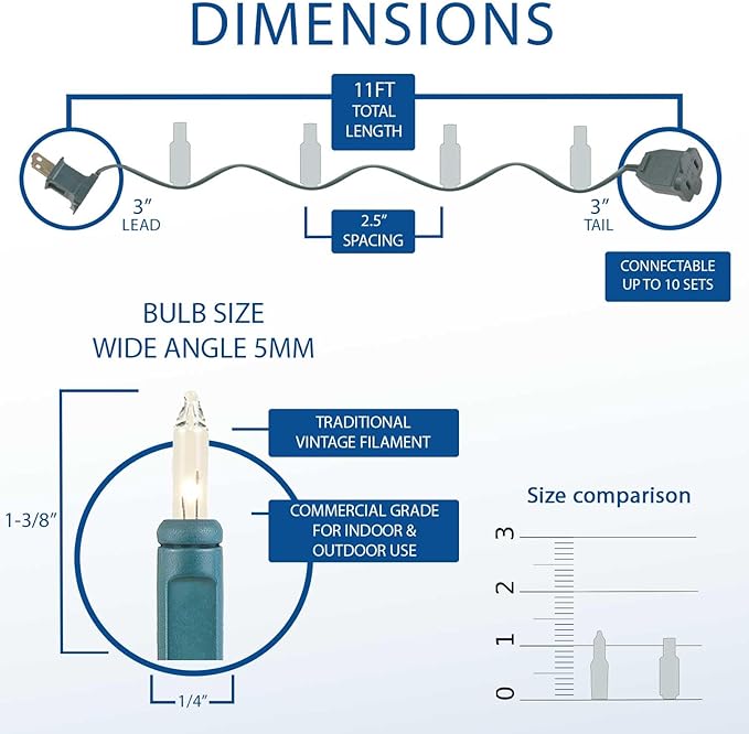 Novelty Lights 11 Feet 50 Bulbs Traditional Incandescent Mini Lights, Teal on Green Wire with 2.5" Spacing, Commercial Grade and UL Listed for Indoor/Outdoor Use, End-to-End Connectable