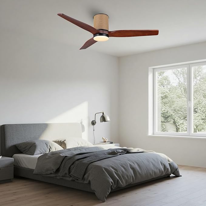 52" Ceiling Fan with Light - Low Profile Flush Mount Ceiling Fan, 6-Speed Remote Control, Solid Wood, Quiet Reversible DC Motor,Walnut/Black Finish, for Bedroom, Living Room, Porch