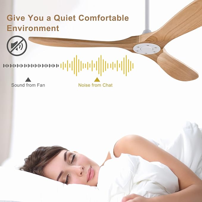 52 Inch Ceiling Fans Without Light, Solid Wood Ceiling Fan No Light with 3 Blades and Remote Control, DC Motor, Indoor Outdoor Ceiling Fans for Patio, Garage, Living Room, Bedroom, Office