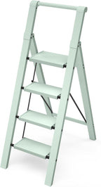 Taranta 4 Step Ladder, Lightweight Aluminum Step Stool with Convenient Handgrip, Folding Ladder with Anti-Slip Pedals, 330lbs Capacity Stepladder for Home, Office, Kitchen - Fairyland Green