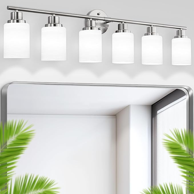 6-Light Brushed Nickel Vanity Lights for Mirror, Bathroom Light Fixtures with Textured Milky White Glass Shade, Modern Kitchen Light Fixtures Wall Sconce Light - E26 Base