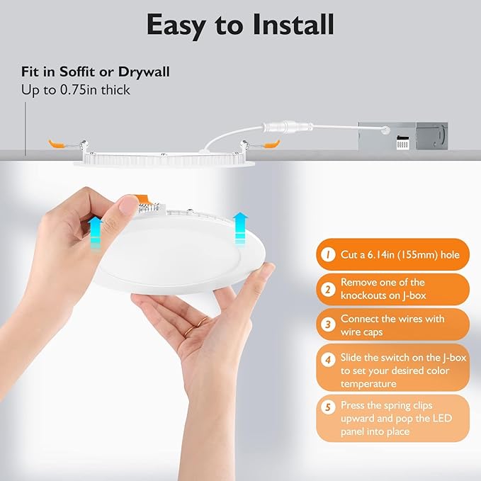 BesLowe 24 Packs 6 Inch 5CCT LED Recessed Ceiling Lights Ultra-Thin with Junction Box, 12W 150W Eqv, 3000K/3500K/4000K/5000K/6500K, 1200LM Dimmable Canless Downlights for Kitchen Hallway Dining Room