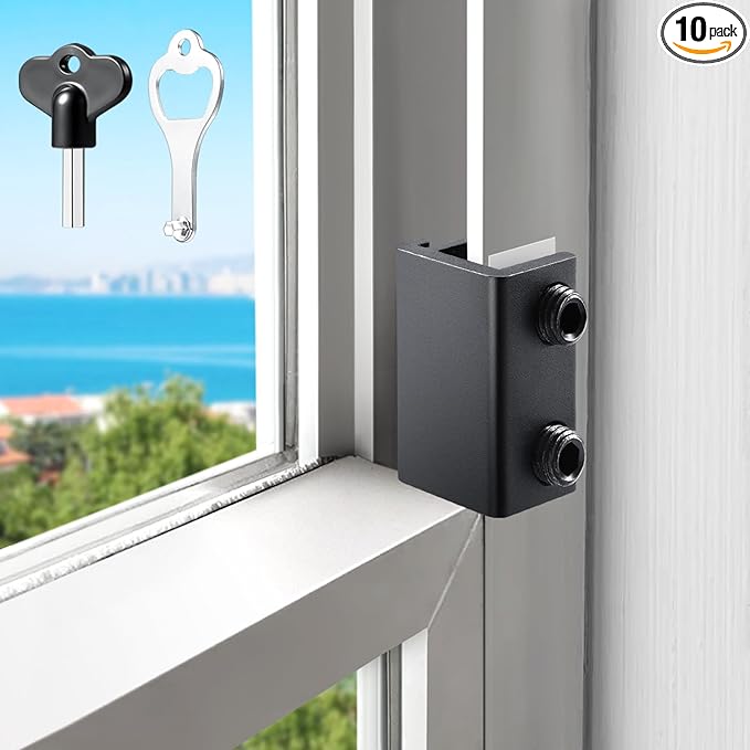 Sliding Window Locks (10 Sets), Secure Window Lock with Key, Window Locks for Up and Down Windows & Horizontal Sliding Windows, Adjustable Window Lock, Sturdy and Durable, Does Not Deform.