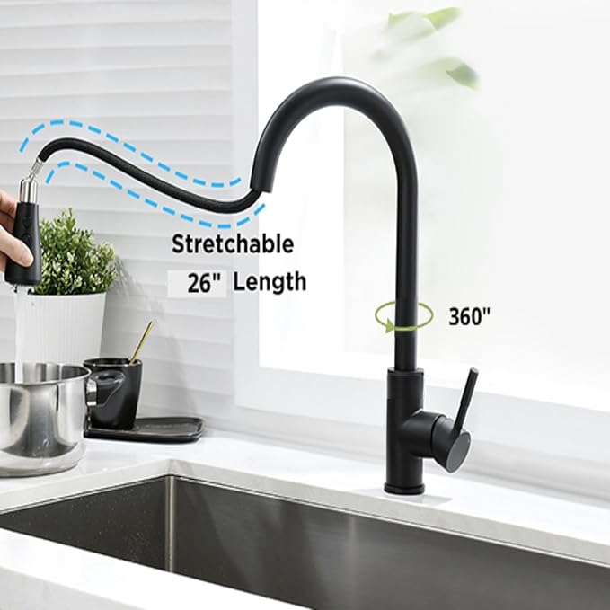 Smart Kitchen Faucet, 3 Modes Pull Down Sprayer, Ceramic Valve, 360-Degree Rotation, 1 or 3 Hole Deck Plate. 10-Year Warranty. (KW-68R, Matt Black)