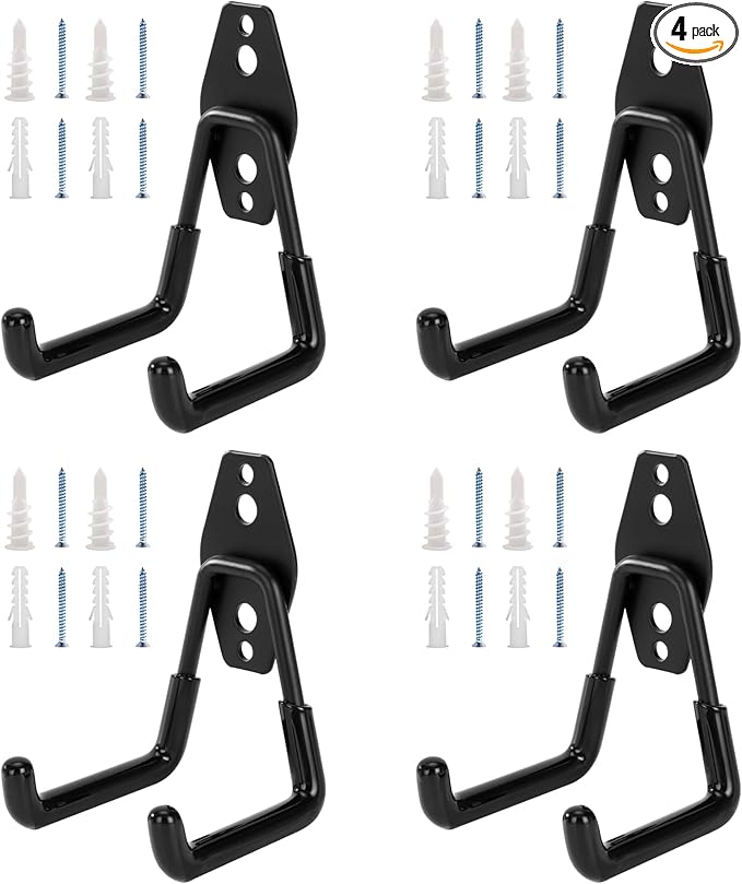 4 Pack Garage Hooks, Garage Tool Organizer Wall Mount, Heavy Duty for Utility Organizer, Steel Utility Garage Hooks for Ladders, Garden Tools, Bike