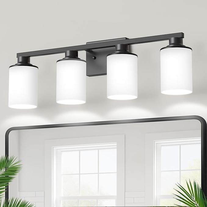DORESshop 4-Light Black Bathroom Light Fixture Over Mirror with Milk Glass Shade, Modern Vanity Lights for Hallway Living Room Bedroom, ETL Listed