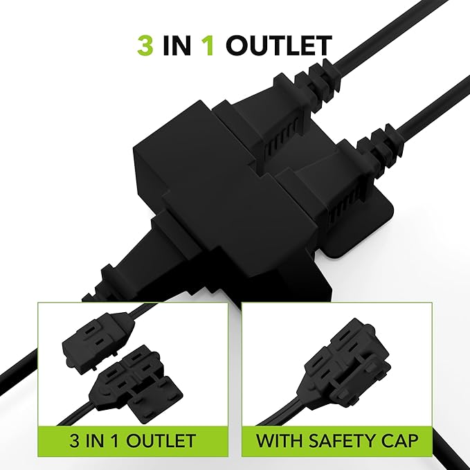HBN Extension Cord, 3-Pack 3FT Black, 2 Prong Indoor Extension Cord 16/2 SPT-2, 13A, 1625 W, 3-Outlet Extension Cords for Home/Office Use