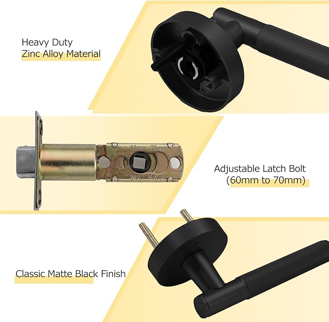 Amerdeco 1 Pack Matte Black Door Handles Interior, Knurled Privacy Door Handles with Lock,Heavy Duty Black Door Lever for Bedroom or Bathroom,Reversible Keyless for Left Right Handed Doors