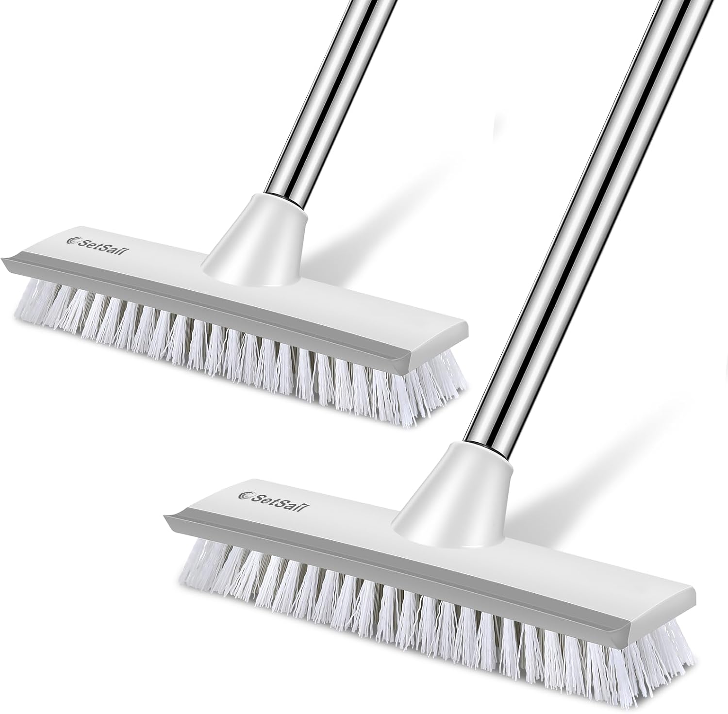 SetSail Floor Scrub Brush with 51-Inch Long Adjustable Handle 2 in 1 Scrape Brush Stiff Bristle Floor Scrubber for Cleaning Shower Bathroom Garage Kitchen Wall Deck Tub Tile, 2 Pack (Grey White)