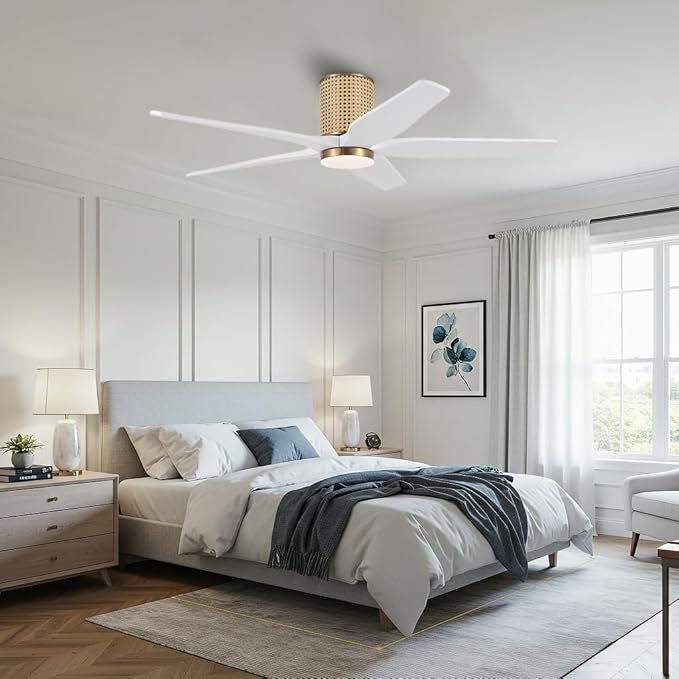 54" Ceiling Fan with Light - Low Profile Flush Mount Ceiling Fan, 6-Speed Remote Control, Solid Wood, Quiet Reversible DC Motor, White/Gold Finish, for Bedroom, Living Room, Porch
