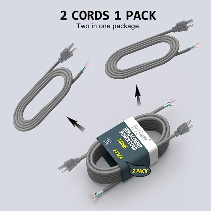 2 Pack 6 ft 14/3C SJTW Appliance and Power Tool Cord, 14 Gauge 3 Prong Heavy Duty Replacement Power Supply Cord Cable, 110V 115V 120V AC Pigtail, 15A, 1875w