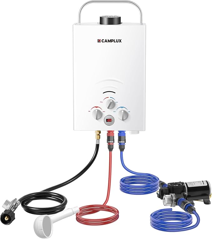 Tankless Water Heater, Camplux 1.58 GPM Propane Portable Water Heater With Pump Kit, White