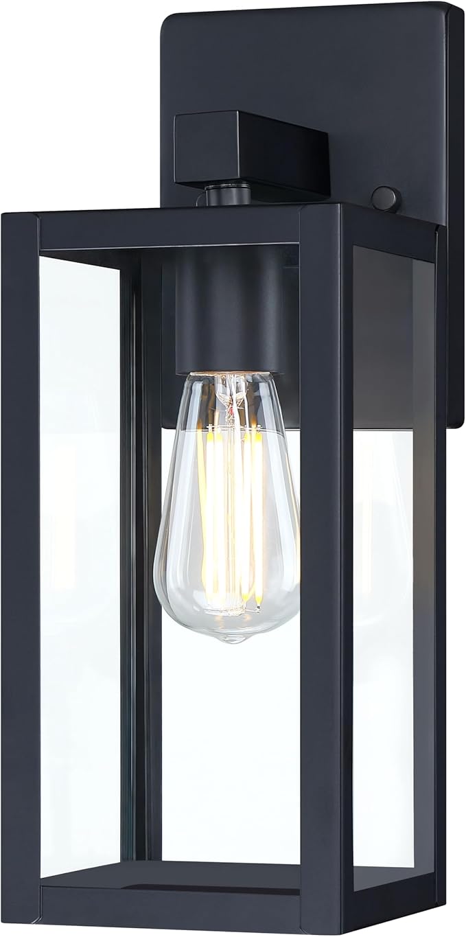 GRUENLICH Waterproof Large Outdoor Wall Lanterns, Modern Black Porch Sconces with Clear Glass Shade, E26 Socket Max 60W, IP65 Rated, Metal Frame, for Patio, Front Door, Entryway, 1-Pack