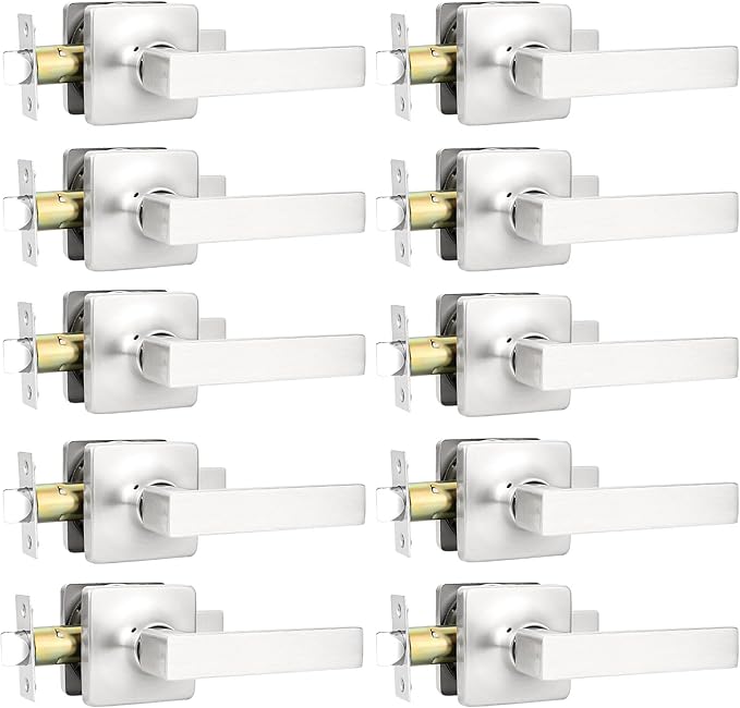 GOBEKOR Brushed Nickel Door Handles Interior Passage Door Levers for Closet Hallway Keyless Square Door Handle Lever 10 Pack
