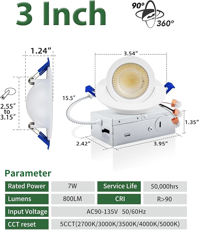 zouzai 3 Inch 5CCT Gimbal Led Recessed Lighting with Junction Box, 2700K/3000K/3500K/4000K/5000K Selectable, 7W Eqv 80W, 360°+90° Adjustable Recessed Lights, 798LM Brightness - ETL (White, 1 Pack)