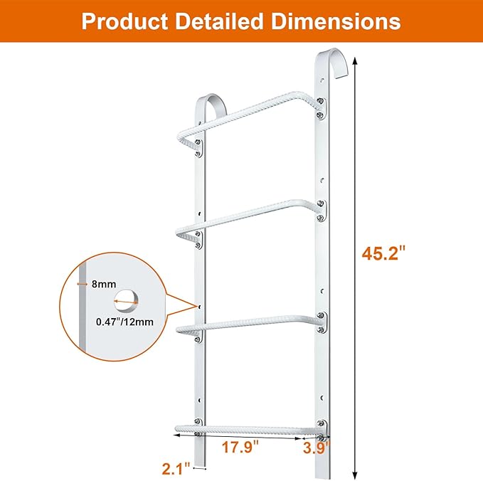 4-Rung Window Well Ladder Hooked, Heavy Duty Steel Fire Escape, Powder-Coated Basement Egress Wall Mounted, 45.2" Lx17.9 W, White