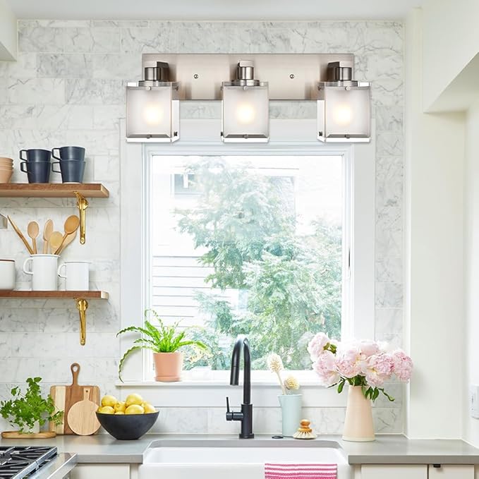 Modern 3-Lights Brushed Nickel Vanity Lights, Bathroom Light Fixture Over Mirror Wall Lighting Sconces with Frosted Glass Shades, E26 Bulb Base