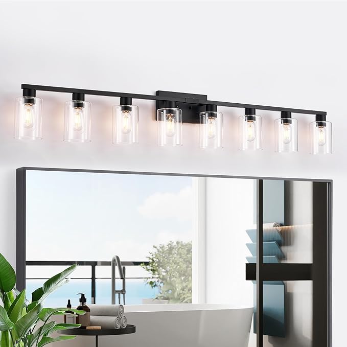 8-Light Black Vanity Light Fixtures,Large Bathroom Light Fixtures Clear Glass ShadeRust and Moisture Resistant Easy to Install Vanity Lights for Bathroom Light Over Mirror
