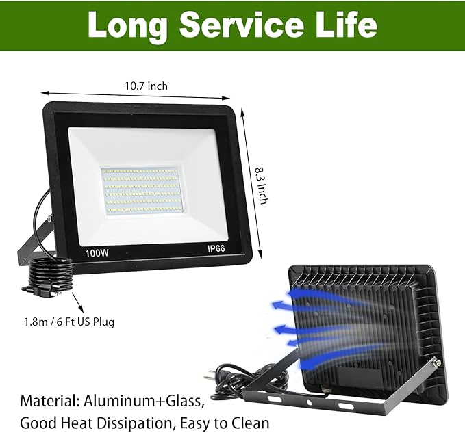 4 Pack 100W LED Flood Light Outdoor,10000LM Bright Work Spotlight Plug in,6000K Daylight White,IP66 Waterproof Exterior Security Floodlights for Yard,Garden,Backyard,Patio,Stadium,Parking Lot