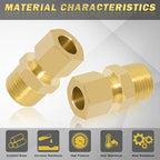 Brass Compression Tube Fitting, Straight Coupling Adapter, 10 PCS 3/8" OD x 3/8" NPT Male Compression Union Connector & 10 PCS Compression Sleeves Ferrules
