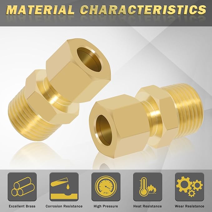 Brass Compression Tube Fitting, Straight Coupling Adapter, 10 PCS 3/8" OD x 3/8" NPT Male Compression Union Connector & 10 PCS Compression Sleeves Ferrules