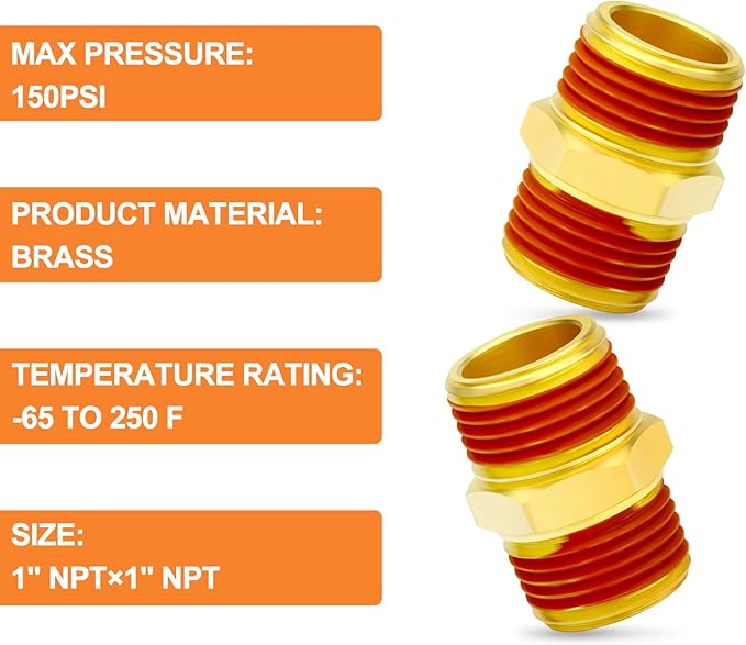 GASHER 1PCS Brass Pipe Fitting, Hex Nipple, 1" Male Pipe x 1" Male Pipe With Sealant