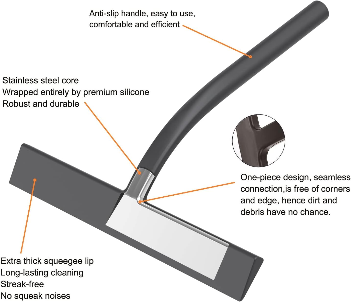 Squeegee, Matte Black 9 inch, Streak Free Cleaning, Shower Squeegee for Glass Doors, Bathroom, Shower Doors, Mirrors, Tiles and Car Windows,Silicone Squeegees,Shower Cleaner with 2 Hooks.
