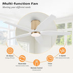 54" Ceiling Fan with Light - Low Profile Flush Mount Ceiling Fan, 6-Speed Remote Control, Solid Wood, Quiet Reversible DC Motor, White/Gold Finish, for Bedroom, Living Room, Porch