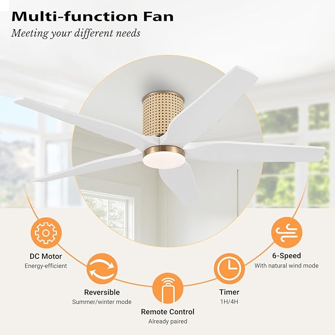 54" Ceiling Fan with Light - Low Profile Flush Mount Ceiling Fan, 6-Speed Remote Control, Solid Wood, Quiet Reversible DC Motor, White/Gold Finish, for Bedroom, Living Room, Porch