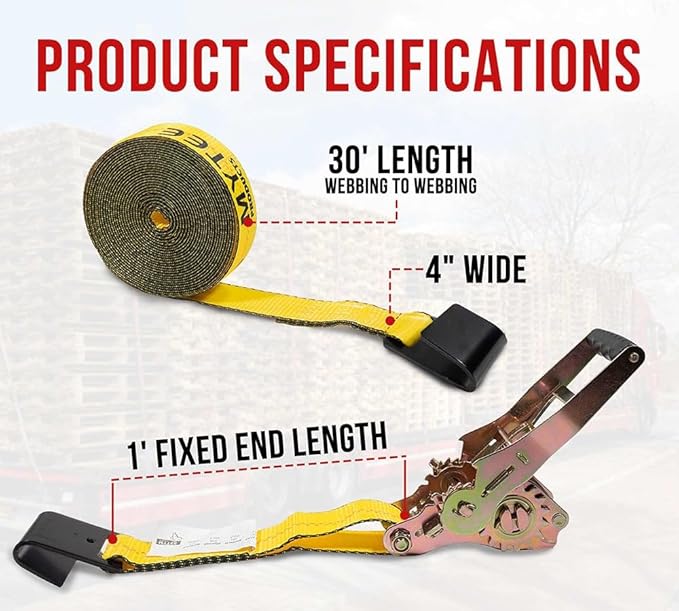 Mytee Products 2 Pack 4" x30' Self-Tensioning Ratchet Tie Down Straps with Flat Hooks - 5,400 Lbs WLL - Heavy Duty Tie Down Ratchet Straps for Flatbed, Truck, Trailers, Cargo, Pickup - Yellow