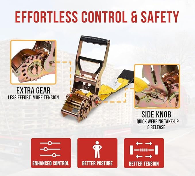 Mytee Products 2 Pack 4" x30' Self-Tensioning Ratchet Tie Down Straps with Flat Hooks - 5,400 Lbs WLL - Heavy Duty Tie Down Ratchet Straps for Flatbed, Truck, Trailers, Cargo, Pickup - Yellow