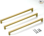 Gold Handles for Kitchen Cabinets 10 Pack, 12-3/5 Inch Hole Center Stainless Steel Square Cabinet Pulls Brushed Gold Cabinet Handles Drawer Handles Dresser Hardware