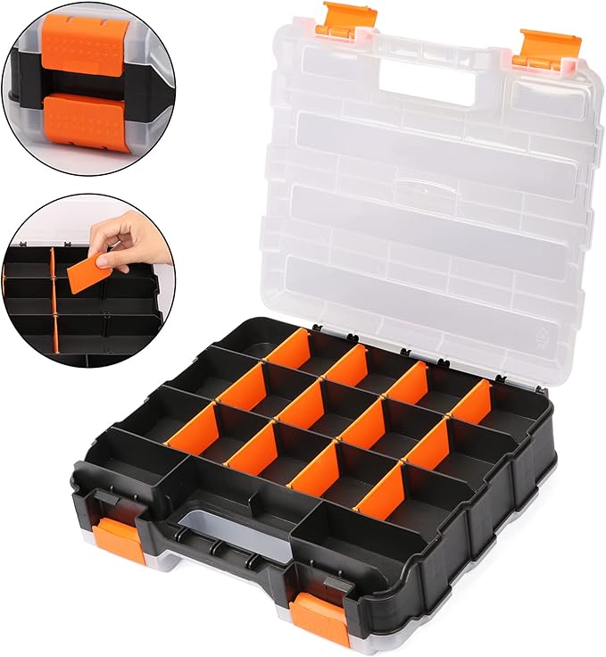 EMENTOL 2PCS Double Side Tool Organizer with Impact Resistant Polymer and Customizable Removable Plastic Dividers, Hardware Box Storage, Excellent for Screws, Nuts, 34-Compartment, Black/Orange