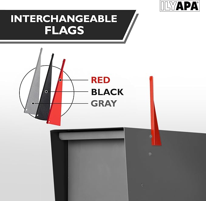 Ilyapa Modern Mailbox for Post Mount - Gray with Gray Door Powder Coated Steel, Waterproof Letter Box for Parcels, with Recessed Magnetic Close Door