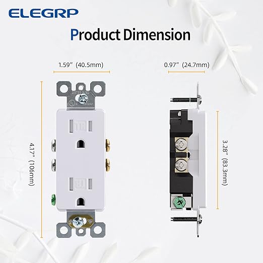ELEGRP Decorator Wall Receptacle Outlet, Tamper Resistant 15 Amp Standard Electrical Wall Outlet, Residential Grade, Self-grounding, 125V, 2 Pole 3 Wire, 5-15R, UL Listed, Glossy White, 10 Pack