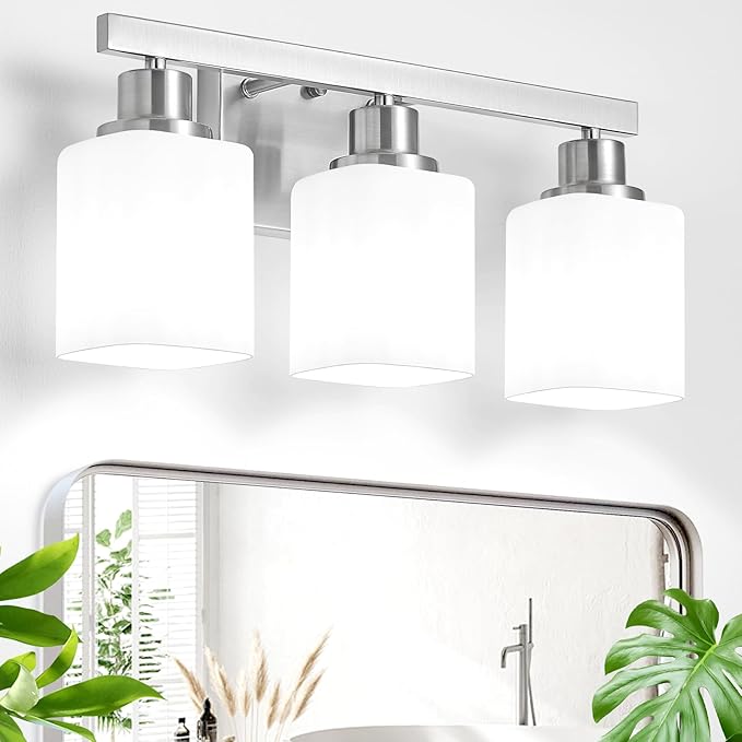 3-Light Bathroom Vanity Light,Brushed Nickel Vanity Lights with Square Frosted Glass,Modern Bathroom Wall Lights Fixtures Over Mirror,Wall Sconces Lighting for Bedroom Living Room,E26