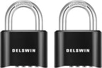 DELSWIN 4-Digit Combination Lock Outdoor Padlock - Heavy Duty Locker Lock with Hardened Steel Shackle, Waterproof Combo Lock for Gym Locker, Hasp Storage, Shed, Fence, Gate (Black,2Pcs)