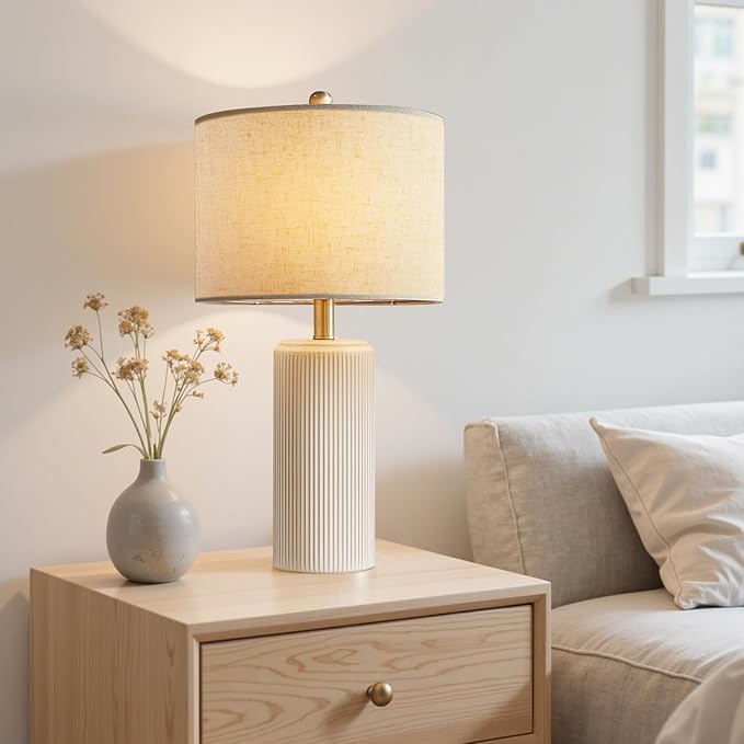 23" Ceramic Table Lamp Set of 2, 3-Level Dimmable Farmhouse Bedside Lamps for Bedroom, Nightstand Lamps for Living Room, Rustic End Table Desk Lamps with Rocker Switch, LED Bulb Included