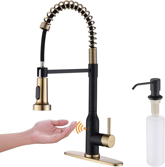 Touchless Kitchen Faucet ， KEER Smart Motion Sensor Hands Free Single Handle Spring Kitchen Sink Faucet with Pull Down Sprayer,Matte Black Gold