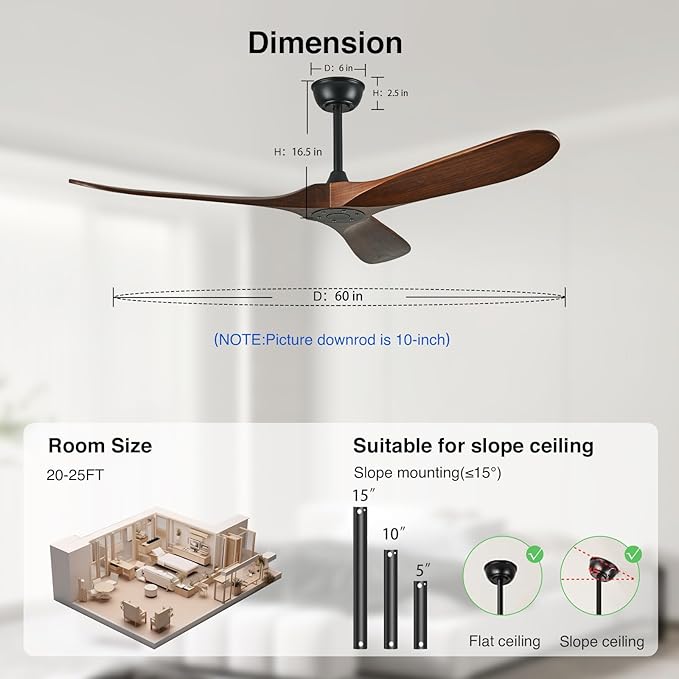 60 Inch Wood Ceiling Fan No Light,ETL Listed Farmhouse Outdoor Ceiling Fans for Patios with Remote,3 Blade Low Profile Windmill Propeller Room Fan with High CFM DC Motor for Exterior Pergola(Walnut)