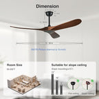 60 Inch Wood Ceiling Fan No Light,ETL Listed Farmhouse Outdoor Ceiling Fans for Patios with Remote,3 Blade Low Profile Windmill Propeller Room Fan with High CFM DC Motor for Exterior Pergola(Walnut)