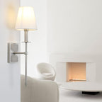 PERMO Single Classic Rustic Industrial Wall Sconce Hardwired Lighting Fixture with Flared White Textile Lamp Shade and Brushed Nickel Tapered Column Stand,Hardwired E26 Base