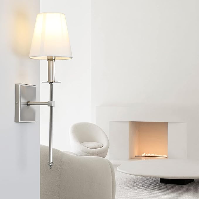 PERMO Single Classic Rustic Industrial Wall Sconce Hardwired Lighting Fixture with Flared White Textile Lamp Shade and Brushed Nickel Tapered Column Stand,Hardwired E26 Base