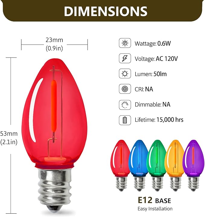 C7 Christmas Led Light Bulb, Multicolor Replacement Night Light Bulb, 0.6W Shatterproof Led Bulbs, E12 Standard Base, 50 Pack
