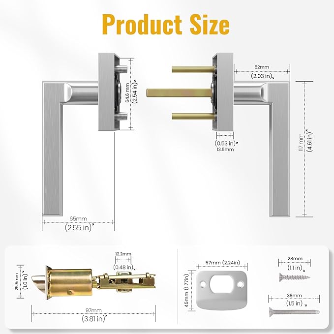 HOSOM Interior Door Levers Passage Door Handles Heavy Duty No Locking Door Handle Set for Hallway, Closet Doors, Satin Nickel Door Handle with Square Plate, 1 Pack