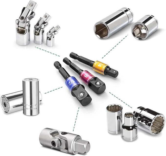 Socket Adapter Extension Set, 1/4, 3/8, 1/2 Inch Hex Shank, Impact Grade, Power Drill to Socket Converter, 3-Piece (Black)