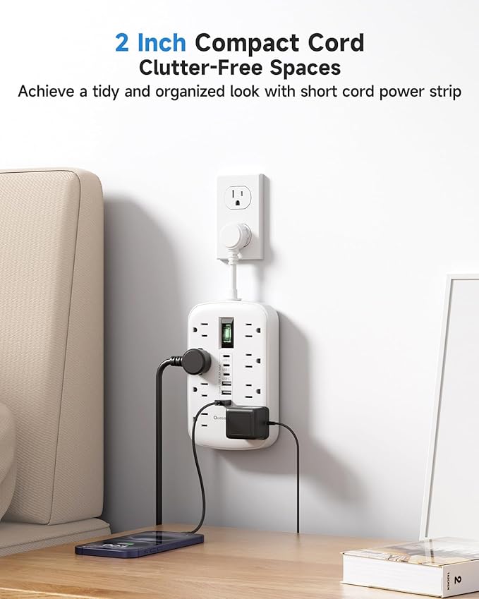 Short Extension Cord 2 inch, Small Power Strip Flat Outlet Extender Surge Protector with 8 AC Outlets 6 USB (5V/4.8A 24W), Mini Extension Cord Flat Wall Plug for Home Office Dorm Kitchen Bathroom